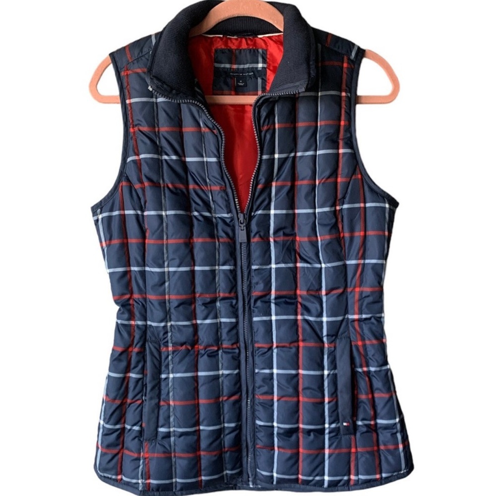 Tommy Hilfiger Navy, Red, & White Plaid Quilted Puffer Vest Size XL Like New